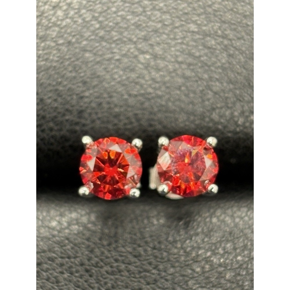 New Condition Sterling Silver Red Moissanite 6.5MM Stud Earrings GRA G14